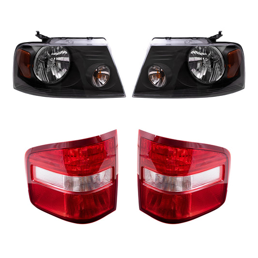 Brock Aftermarket Replacement Driver Left Passenger Right Halogen Combination Headlight Assemblies and Flareside Tail Lights 4 Piece Set Compatible with 2004-2008 Ford F-150