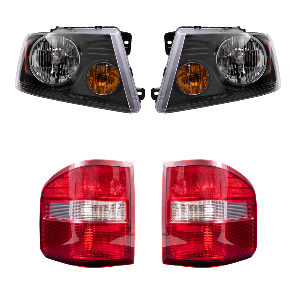 Brock Aftermarket Replacement Driver Left Passenger Right Halogen Combination Headlight Assemblies and Flareside Tail Lights 4 Piece Set Compatible with 2004-2008 Ford F-150