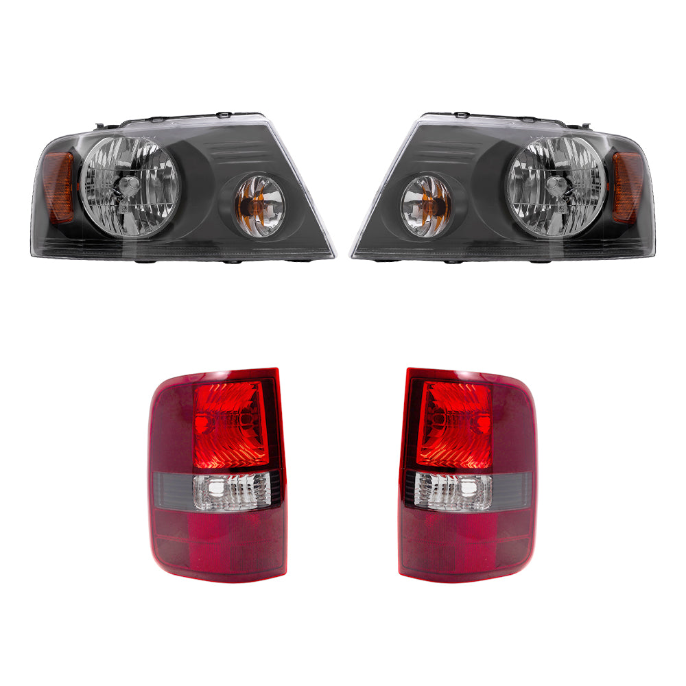 Brock Aftermarket Replacement Driver Left Passenger Right Halogen Combination Headlight Assemblies and Flareside Tail Lights 4 Piece Set Compatible with 2004-2008 Ford F-150