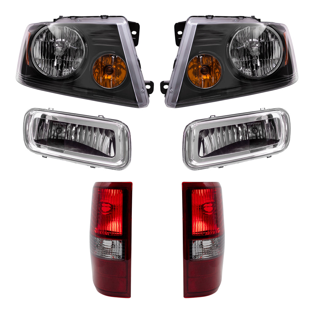 Brock Aftermarket Replacement Driver Left Passenger Right Halogen Combination Headlights-Rectangular Fog Lights-Styleside Tail Lights 6 Piece Set Compatible with 2006-2008 Ford F-150