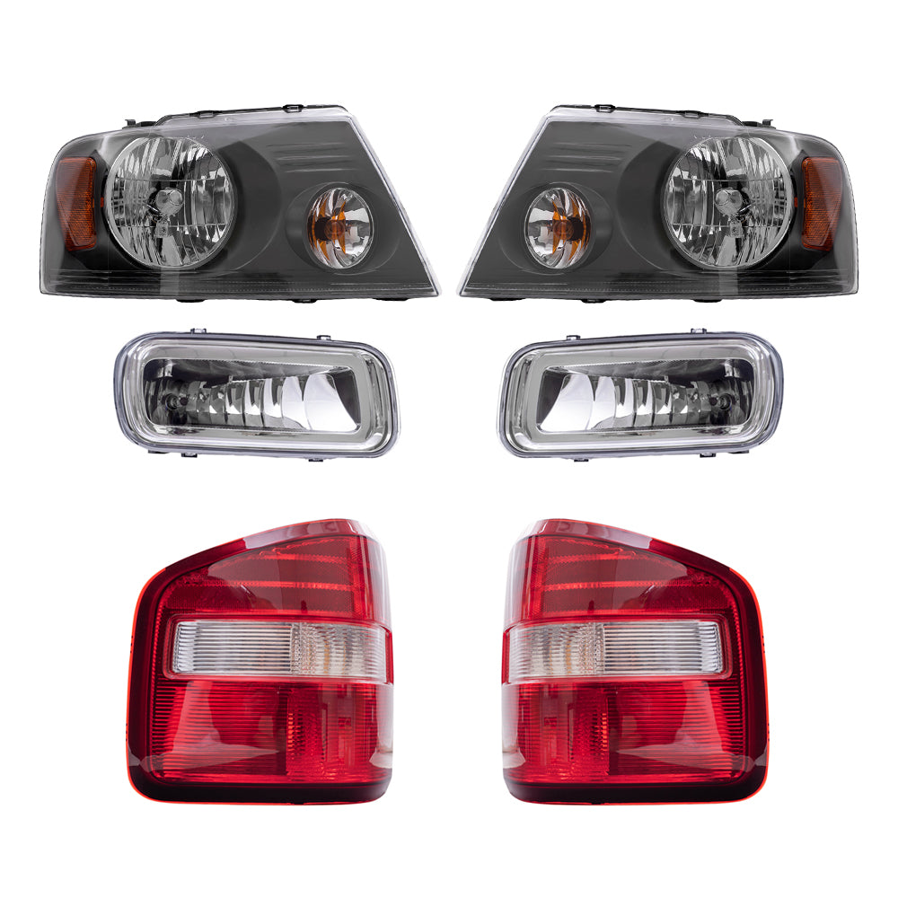 Brock Aftermarket Replacement Driver Left Passenger Right Halogen Combination Headlights-Rectangular Fog Lights-Styleside Tail Lights 6 Piece Set Compatible with 2006-2008 Ford F-150