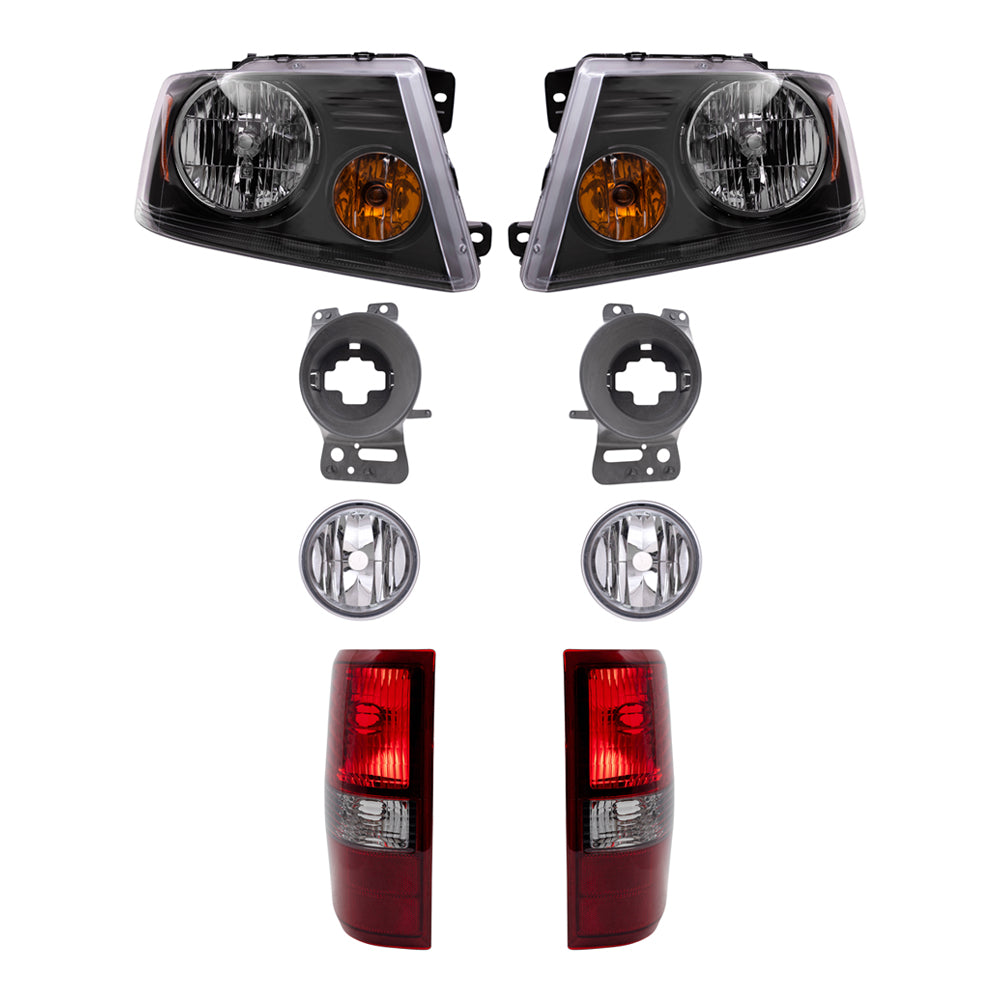 Brock Aftermarket Replacement Driver Left Passenger Right Headlights-Round Fog Lights-Fog Light Mounting Brackets-Styleside Tail Lights 8 Piece Set Compatible with 2006-2008 Ford F-150