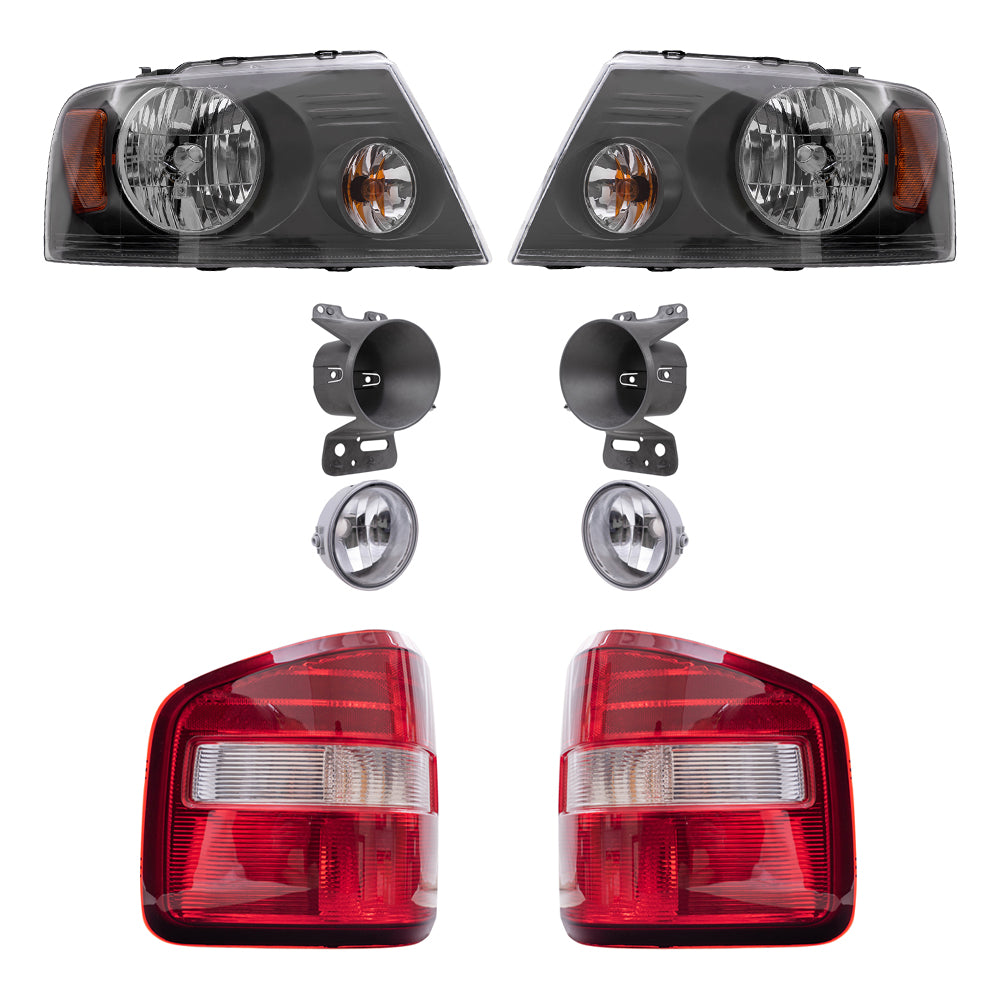 Brock Aftermarket Replacement Driver Left Passenger Right Headlights-Round Fog Lights-Fog Light Mounting Brackets-Styleside Tail Lights 8 Piece Set Compatible with 2006-2008 Ford F-150