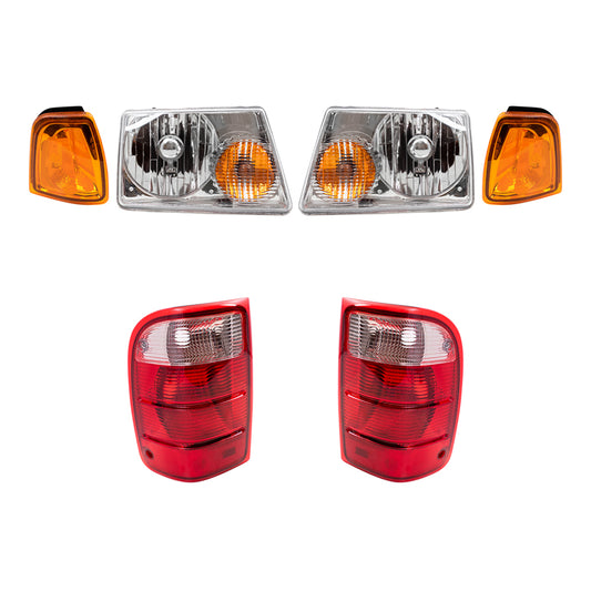 Brock Replacement 6 Pc Headlights, Tail Lights and Park Signal Lamps Set Compatible with 2001-2005 Ranger