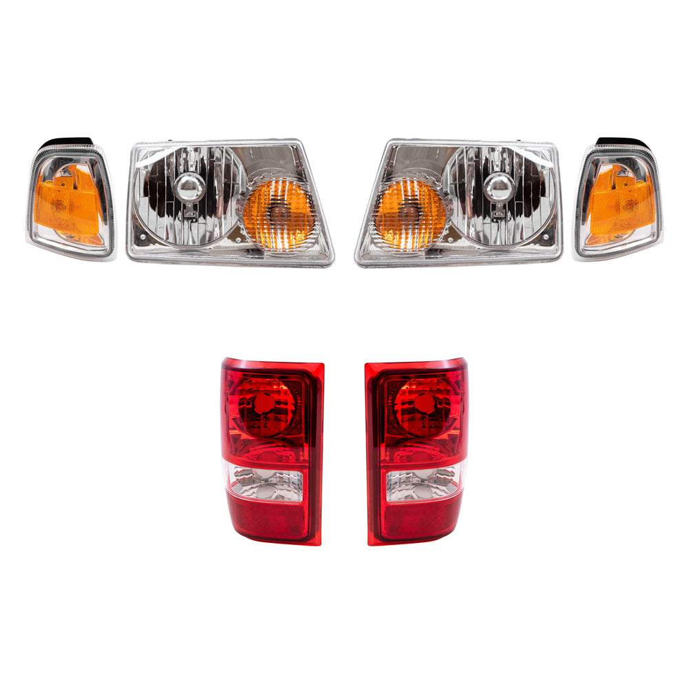 Brock Replacement 6 Pc Headlights, Tail Lights and Park Signal Lights Compatible with 2006 2007 2008 2009 2010 2011 Ranger Pickup Truck