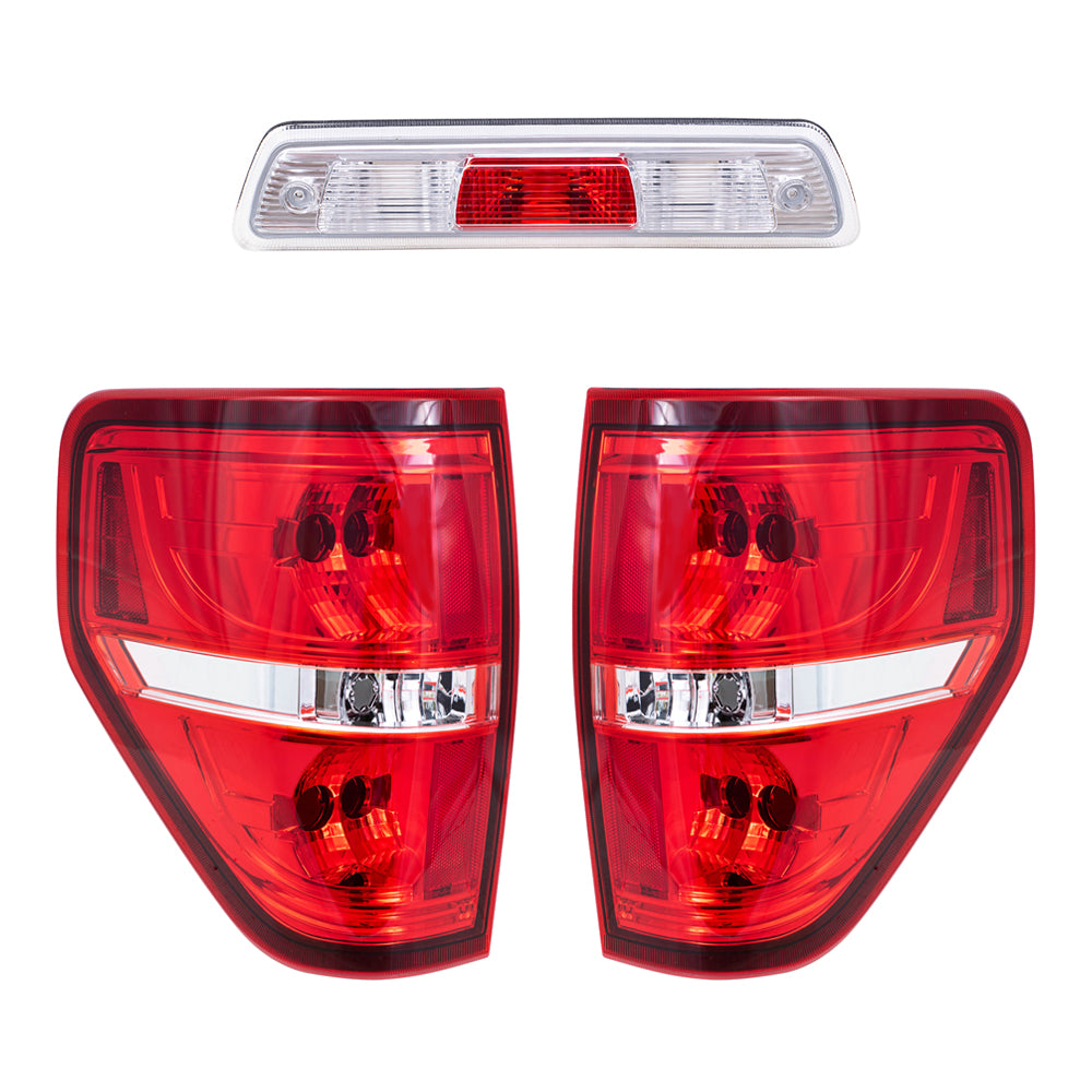 Brock Replacement Driver and Passenger Side Tail Light Units with Red Trim Smoked & 3rd Brake Light Unit 3 Piece Performance Set compatible with 2009-2014 Ford F-150 Styleside