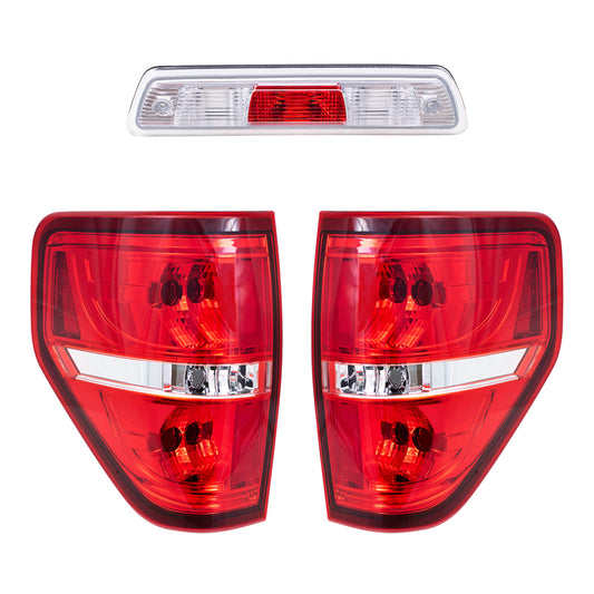 Brock Replacement Driver and Passenger Side Tail Light Units with Red Trim Smoked & 3rd Brake Light Unit 3 Piece Performance Set compatible with 2009-2014 Ford F-150 Styleside