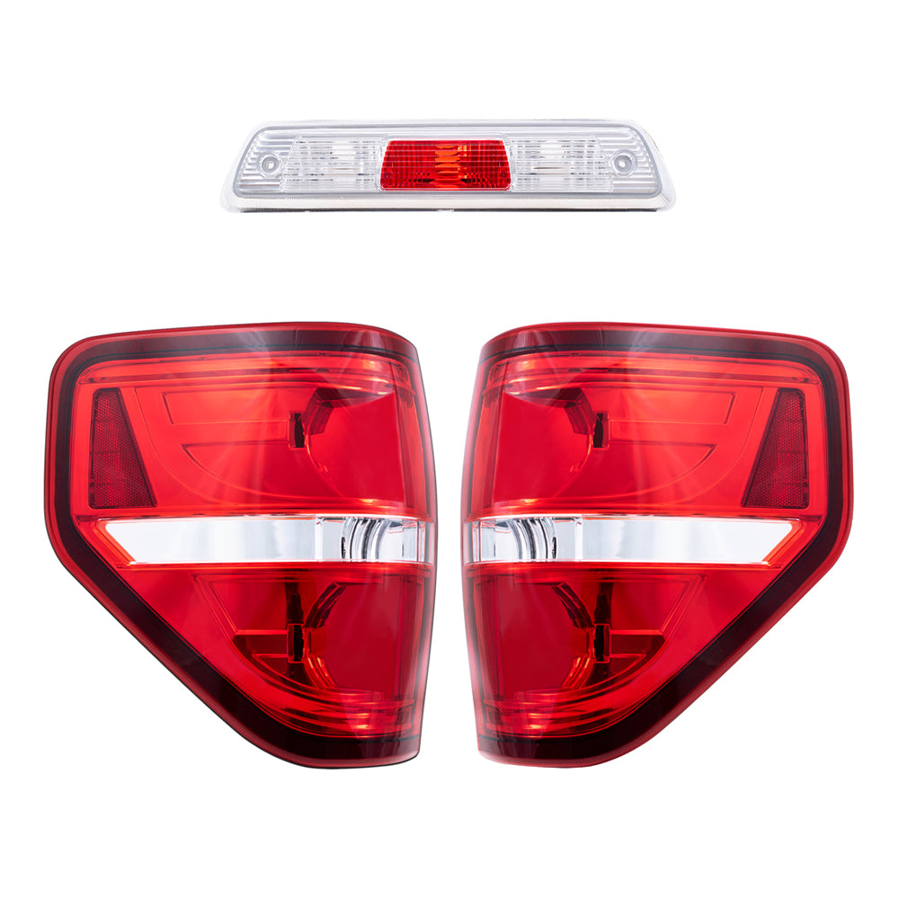 Brock Replacement Driver and Passenger Side Tail Light Units with Red Trim Smoked & 3rd Brake Light Unit 3 Piece Performance Set compatible with 2009-2014 Ford F-150 Styleside