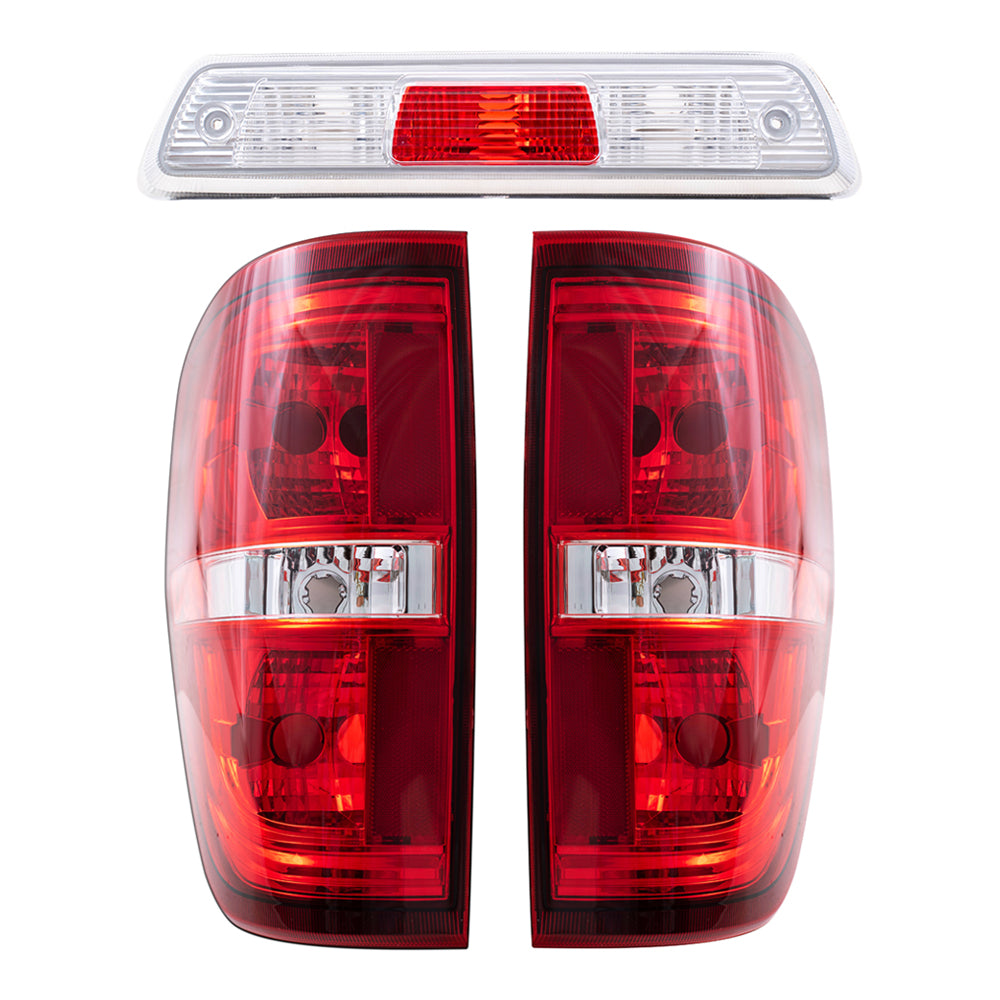 Brock Replacement Driver and Passenger Side Tail Light Units with Red Trim Smoked & 3rd Brake Light Unit 3 Piece Performance Set compatible with 2009-2014 Ford F-150 Styleside