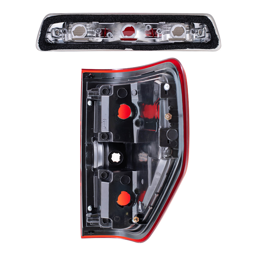 Brock Replacement Driver and Passenger Side Tail Light Units with Red Trim Smoked & 3rd Brake Light Unit 3 Piece Performance Set compatible with 2009-2014 Ford F-150 Styleside