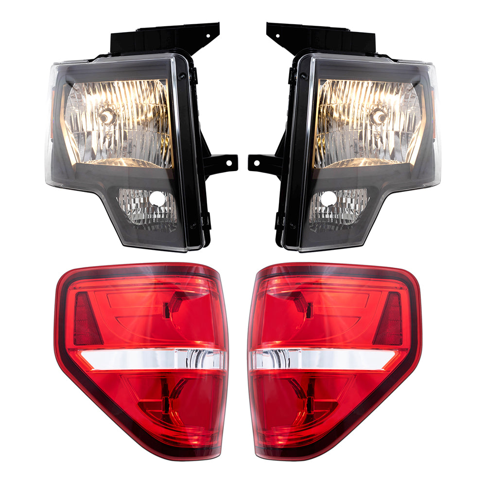 Brock Replacement Driver & Passenger Side Halogen Combination Headlights with Black Trim & Tail Lights with Red Trim-Smoked 4 Pc Performance Set Compatible with 09-14 Ford F-150 Styleside