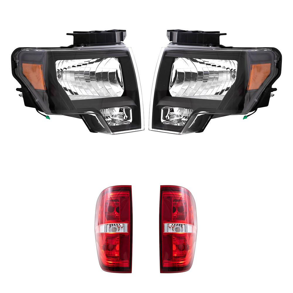 Brock Replacement Driver & Passenger Side Halogen Combination Headlights with Black Trim & Tail Lights with Red Trim-Smoked 4 Pc Performance Set Compatible with 09-14 Ford F-150 Styleside