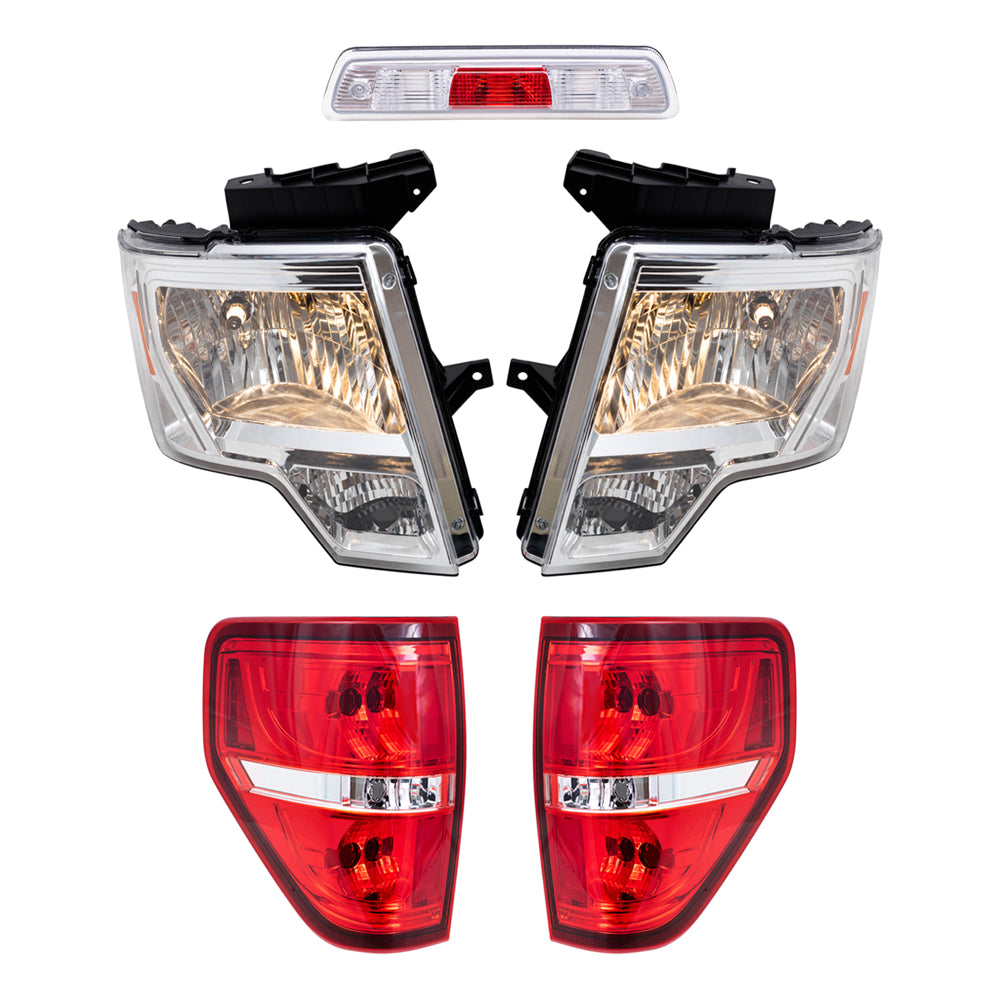 Brock Replacement Driver & Passenger Side Halogen Combination Headlights, Tail Lights, & 3rd Brake Light 5 Pc Performance Set Compatible with 09-14 Ford F-150 Styleside