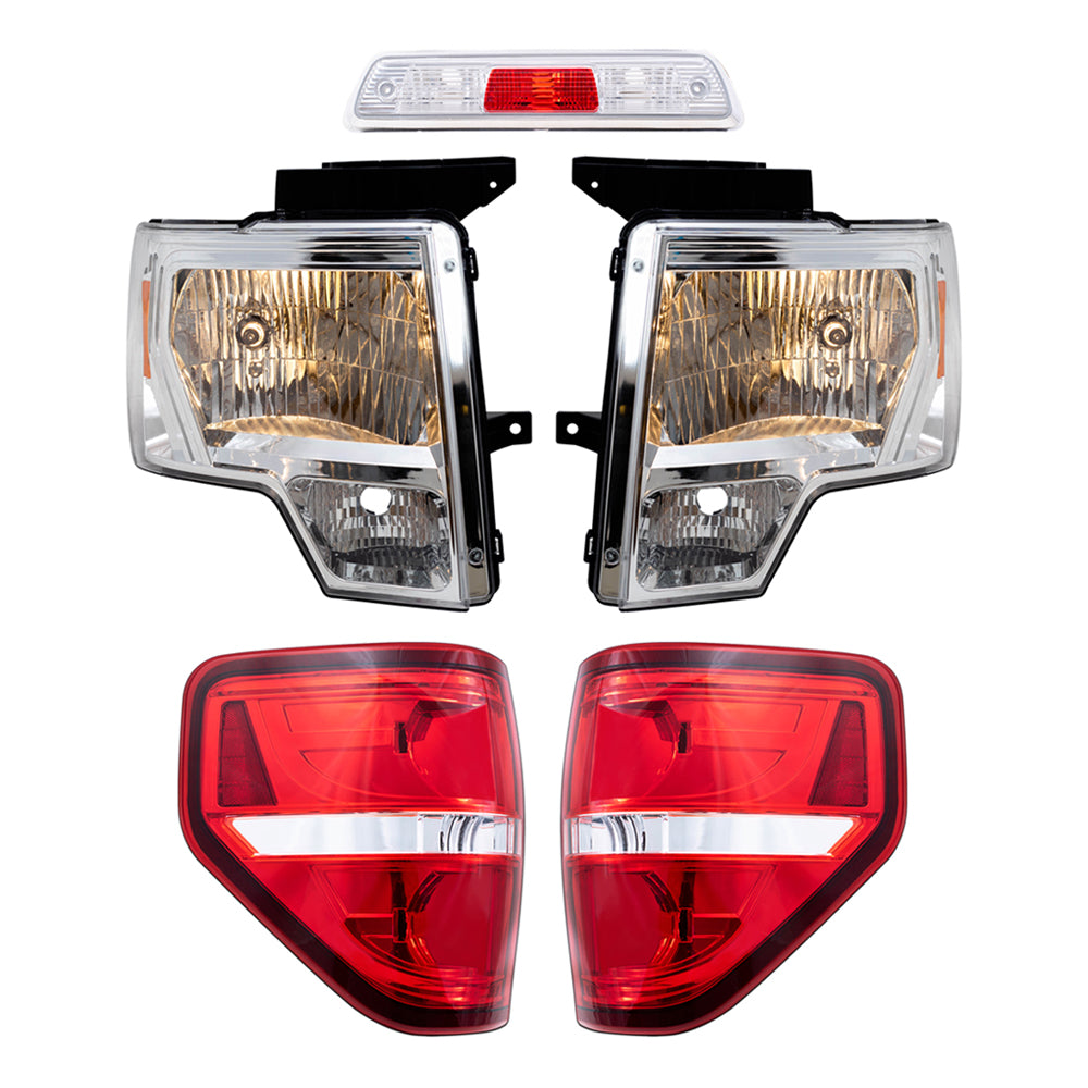 Brock Replacement Driver & Passenger Side Halogen Combination Headlights, Tail Lights, & 3rd Brake Light 5 Pc Performance Set Compatible with 09-14 Ford F-150 Styleside