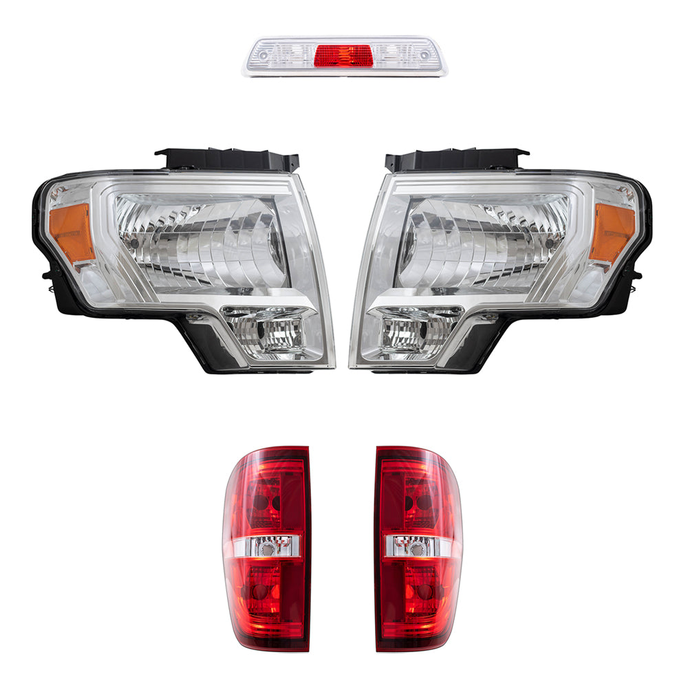 Brock Replacement Driver & Passenger Side Halogen Combination Headlights, Tail Lights, & 3rd Brake Light 5 Pc Performance Set Compatible with 09-14 Ford F-150 Styleside