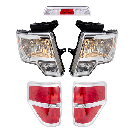 Brock Aftermarket Replacement Part Driver & Passenger Side Halogen Combination Headlights, Tail Lights, & 3rd brake Light Unit 5 Pc Performance Set Compatible with 2009-2014 Ford F-150 Styleside