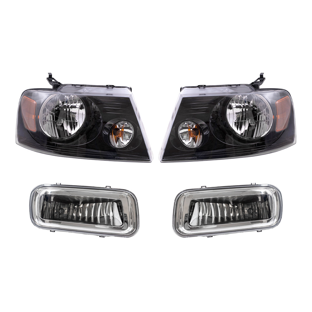 Brock Aftermarket Replacement Driver Left Passenger Right Headlights with Black Bezel and Rectangular Fog Lights 4 Piece Set Compatible with 2004-2006 Ford F-150