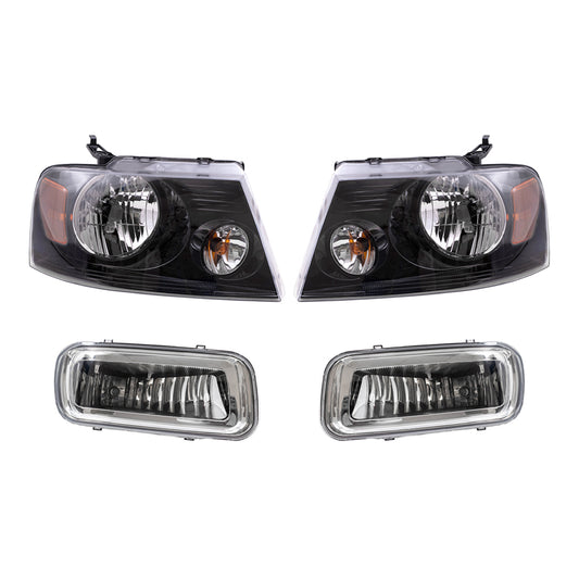 Brock Aftermarket Replacement Driver Left Passenger Right Headlights with Black Bezel and Rectangular Fog Lights 4 Piece Set Compatible with 2004-2006 Ford F-150