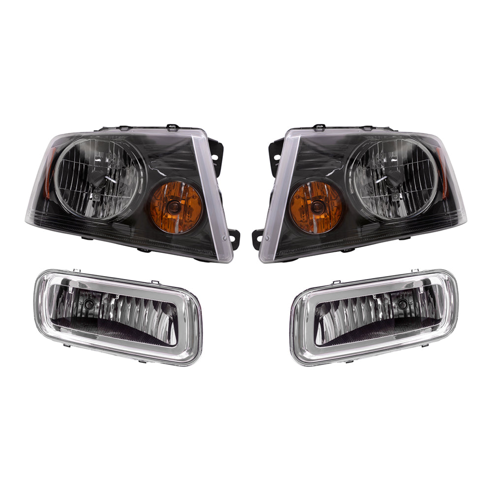 Brock Aftermarket Replacement Driver Left Passenger Right Headlights with Black Bezel and Rectangular Fog Lights 4 Piece Set Compatible with 2004-2006 Ford F-150