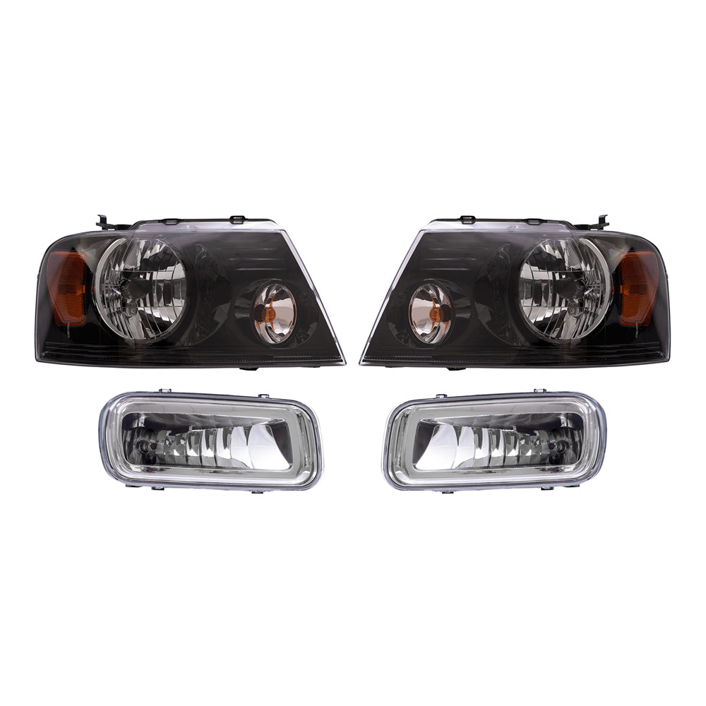 Brock Aftermarket Replacement Driver Left Passenger Right Headlights with Black Bezel and Rectangular Fog Lights 4 Piece Set Compatible with 2004-2006 Ford F-150