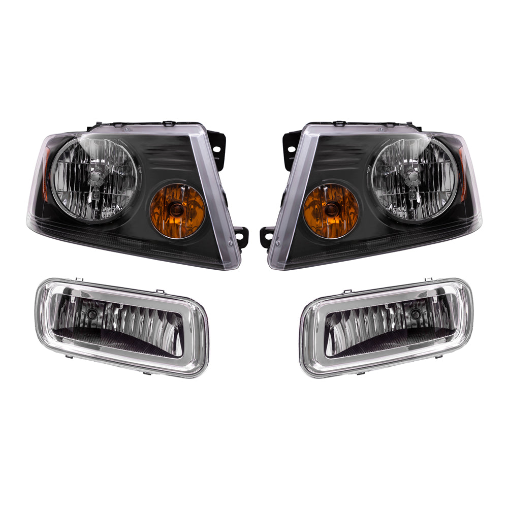 Brock Aftermarket Replacement Driver Left Passenger Right Headlights with Shadow Gray Bezel and Rectangular Fog Lights 4 Piece Set Compatible with 2004-2006 Ford F-150