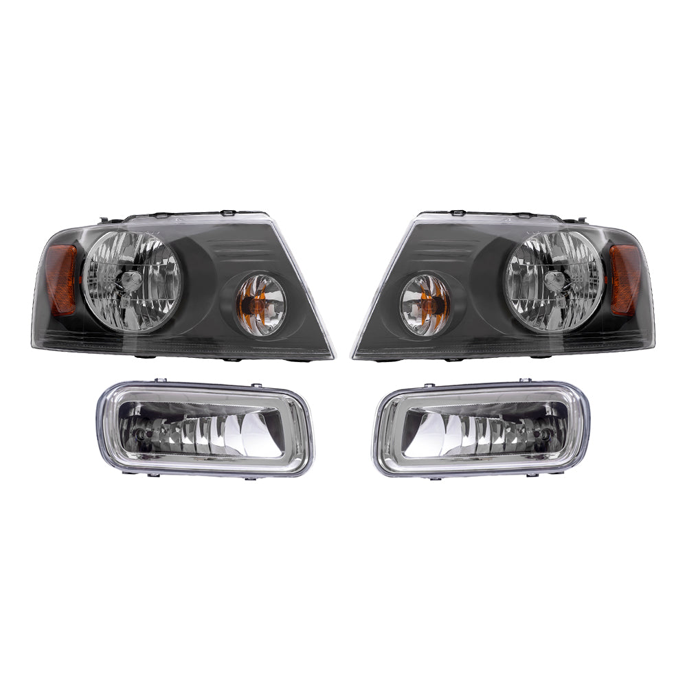 Brock Aftermarket Replacement Driver Left Passenger Right Headlights with Shadow Gray Bezel and Rectangular Fog Lights 4 Piece Set Compatible with 2004-2006 Ford F-150