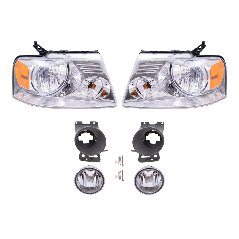 Brock Aftermarket Replacement Driver Left Passenger Right Headlights-Round Fog Lights-Fog Light Mounting Brackets 6 Piece Set Compatible with 2006-2008 Ford F-150