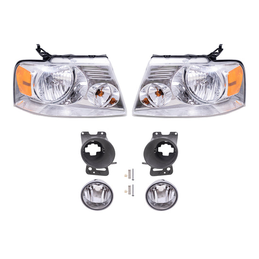 Brock Aftermarket Replacement Driver Left Passenger Right Headlights-Round Fog Lights-Fog Light Mounting Brackets 6 Piece Set Compatible with 2006-2008 Ford F-150