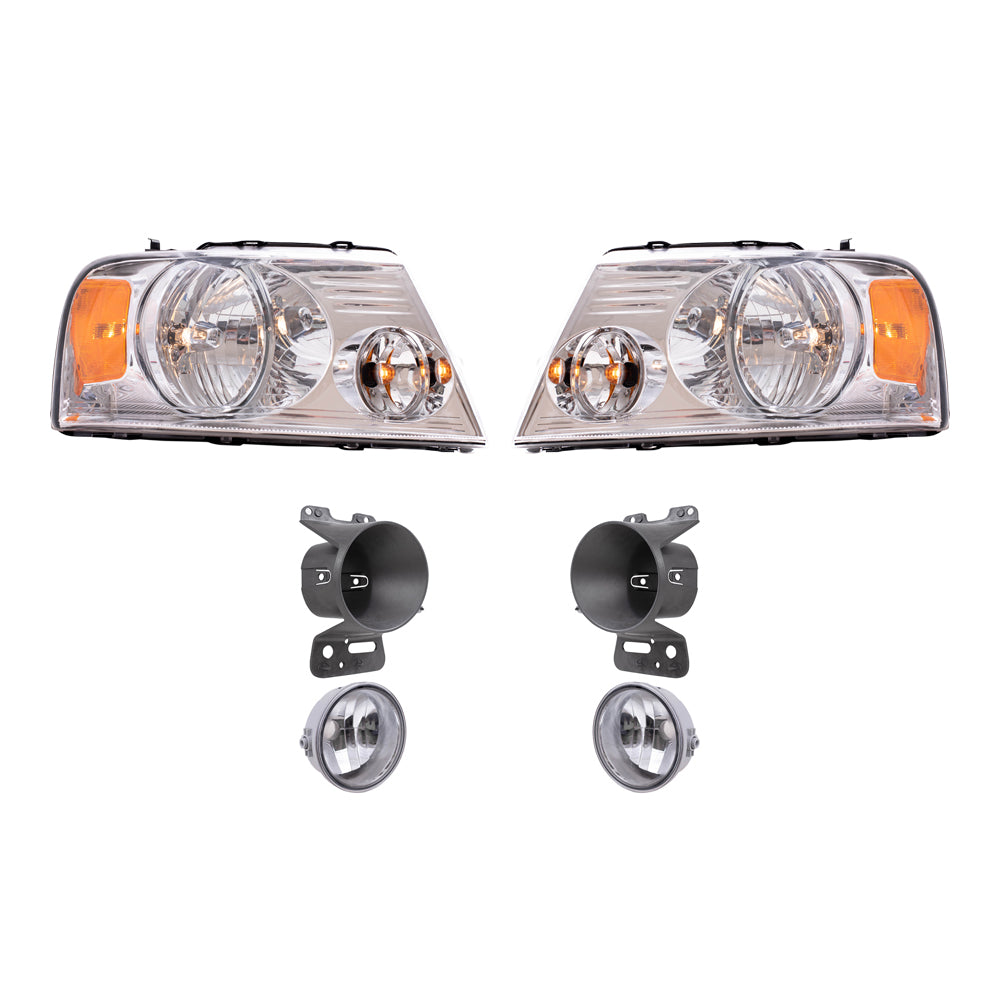 Brock Aftermarket Replacement Driver Left Passenger Right Headlights-Round Fog Lights-Fog Light Mounting Brackets 6 Piece Set Compatible with 2006-2008 Ford F-150