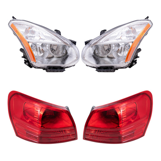 Brock Replacement Driver and Passenger Side Halogen Combination Headlight Assemblies with Chrome Bezel and Tail Light Assemblies Quarter Mounted 4 Piece Set Compatible with 2008-2010 Rogue