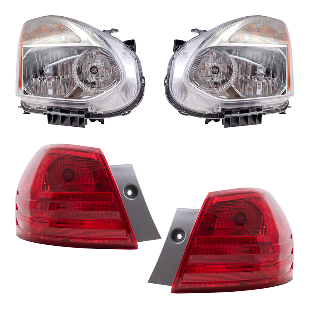 Brock Replacement Driver and Passenger Side Halogen Combination Headlight Assemblies with Chrome Bezel and Tail Light Assemblies Quarter Mounted 4 Piece Set Compatible with 2008-2010 Rogue