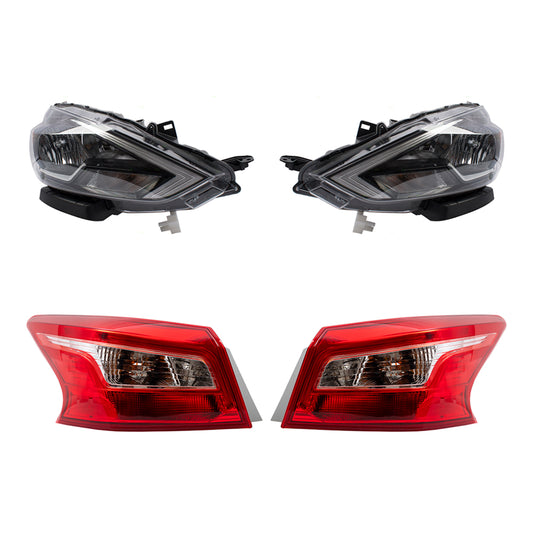 Brock Aftermarket Replacement Driver Left Passenger Right Headlight and Tail Light Assembly 4 Piece Set Compatible With 2016-2019 Nissan Sentra