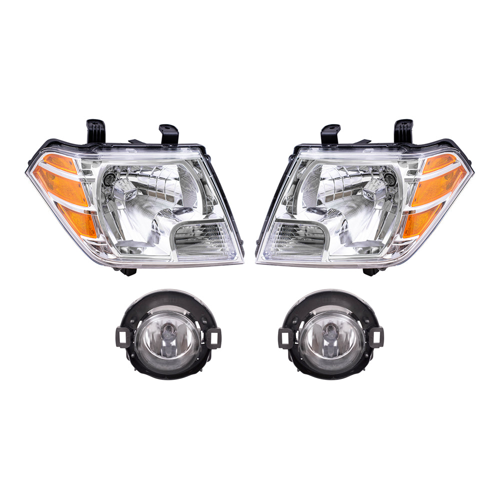 Brock Replacement Driver and Passenger Side Halogen Combination Headlights and Fog Lights 4 Piece Set Compatible with 2010-2019 Frontier with Plastic Bumper