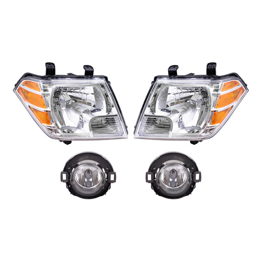 Brock Replacement Driver and Passenger Side Halogen Combination Headlights and Fog Lights 4 Piece Set Compatible with 2010-2019 Frontier with Plastic Bumper