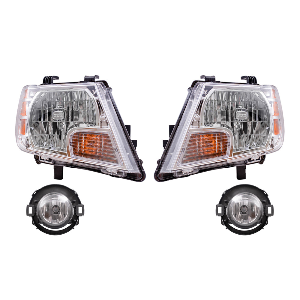 Brock Replacement Driver and Passenger Side Halogen Combination Headlights and Fog Lights 4 Piece Set Compatible with 2010-2019 Frontier with Plastic Bumper