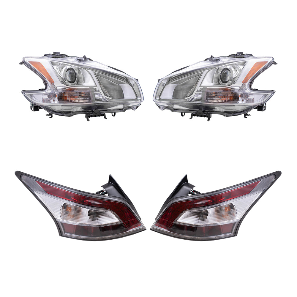 Brock Replacement Driver and Passenger Side Halogen Combination Headlight Assemblies and Tail Light Assemblies 4 Piece Set Compatible with 2012-2014 Maxima