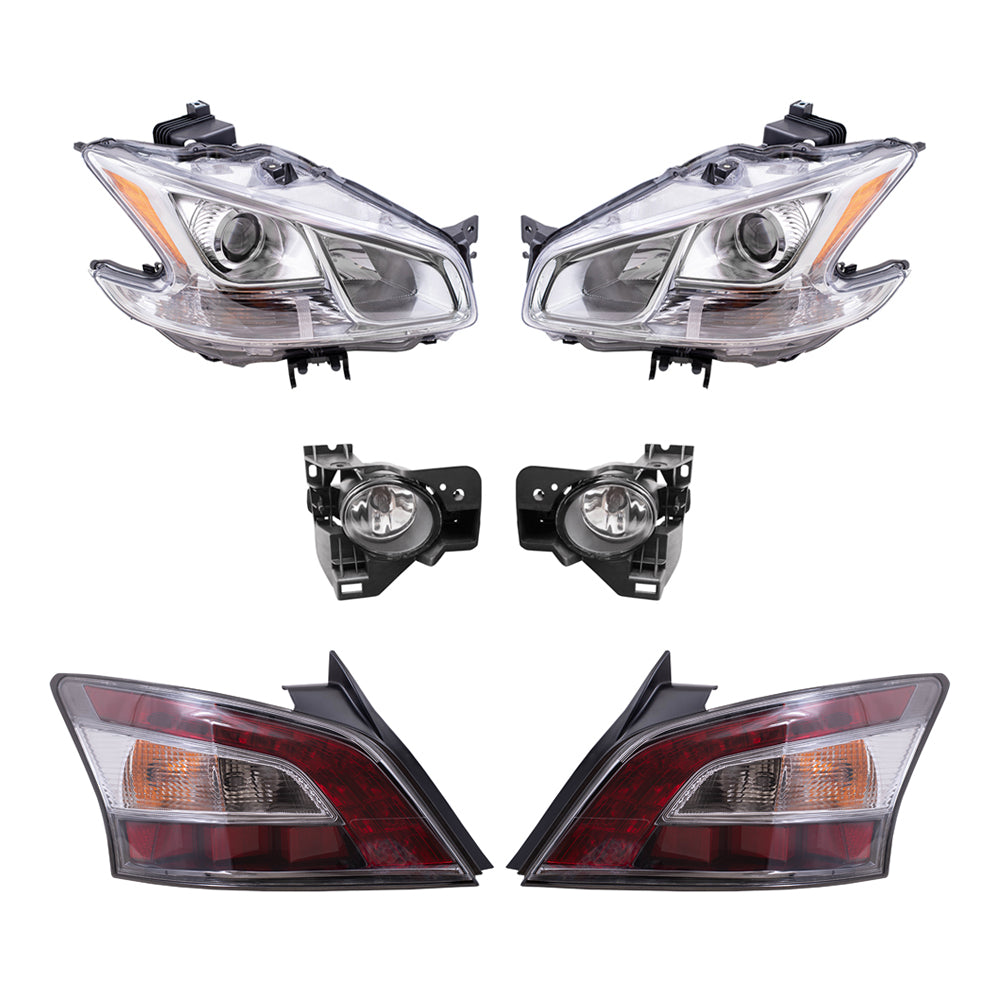 Brock Replacement Driver and Passenger Side Headlights, Fog Lights with Bracket and Tail Lights 6 Piece Set Compatible with 2012-2014 Maxima