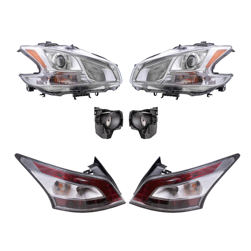 Brock Replacement Driver and Passenger Side Headlights, Fog Lights with Bracket and Tail Lights 6 Piece Set Compatible with 2012-2014 Maxima