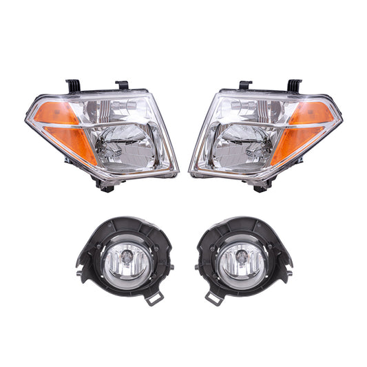 Brock Replacement Driver and Passenger Side Halogen Combination Headlights and Fog Lights 4 Piece Set Compatible with 2005-2008 Frontier with Plastic Bumper and 2005-2007 Pathfinder