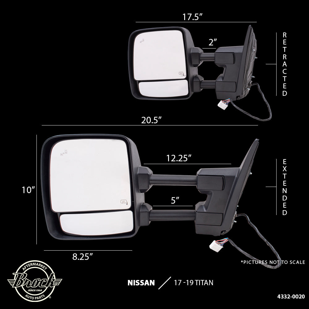 Brock Aftermarket Replacement Part Driver and Passenger Side Power Tow Mirrors Textured Black with Heat, Signal, Puddle Light, Blind Spot Detection & Memory Compatible with 2016-2019 Titan XD