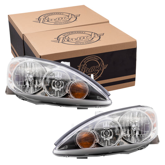 Brock Replacement Set Driver and Passenger Halogen Headlights Headlamps with Chrome Trim Compatible with 2005-2006 Camry 8115006180 8111006180