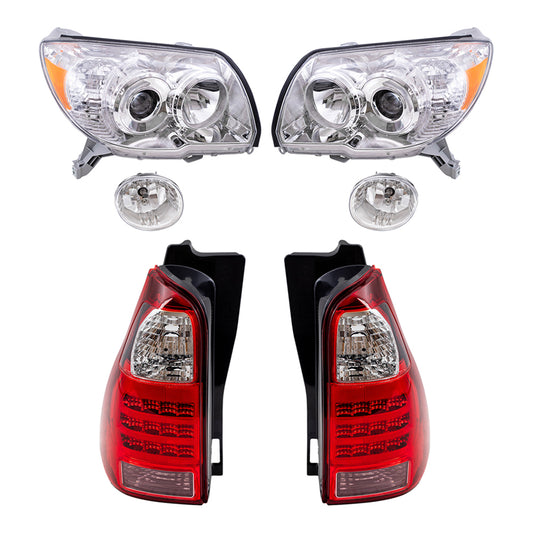 Brock Replacement Driver and Passenger Side Halogen Combination Headlights with Chrome Bezel, Fog Lights and Tail Lights 6 Piece Set Comaptible with 2006-2009 4Runner Limted/SR5