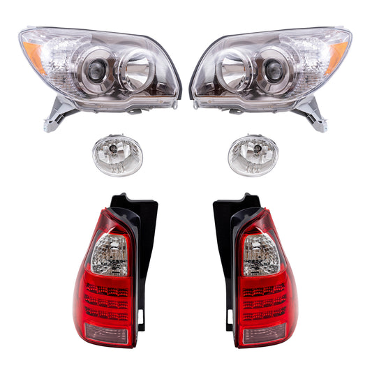 Brock Replacement Driver and Passenger Side Halogen Combination Headlights with Chrome Bezel, Fog Lights and Tail Lights 6 Piece Set Comaptible with 2006-2009 4Runner Sport