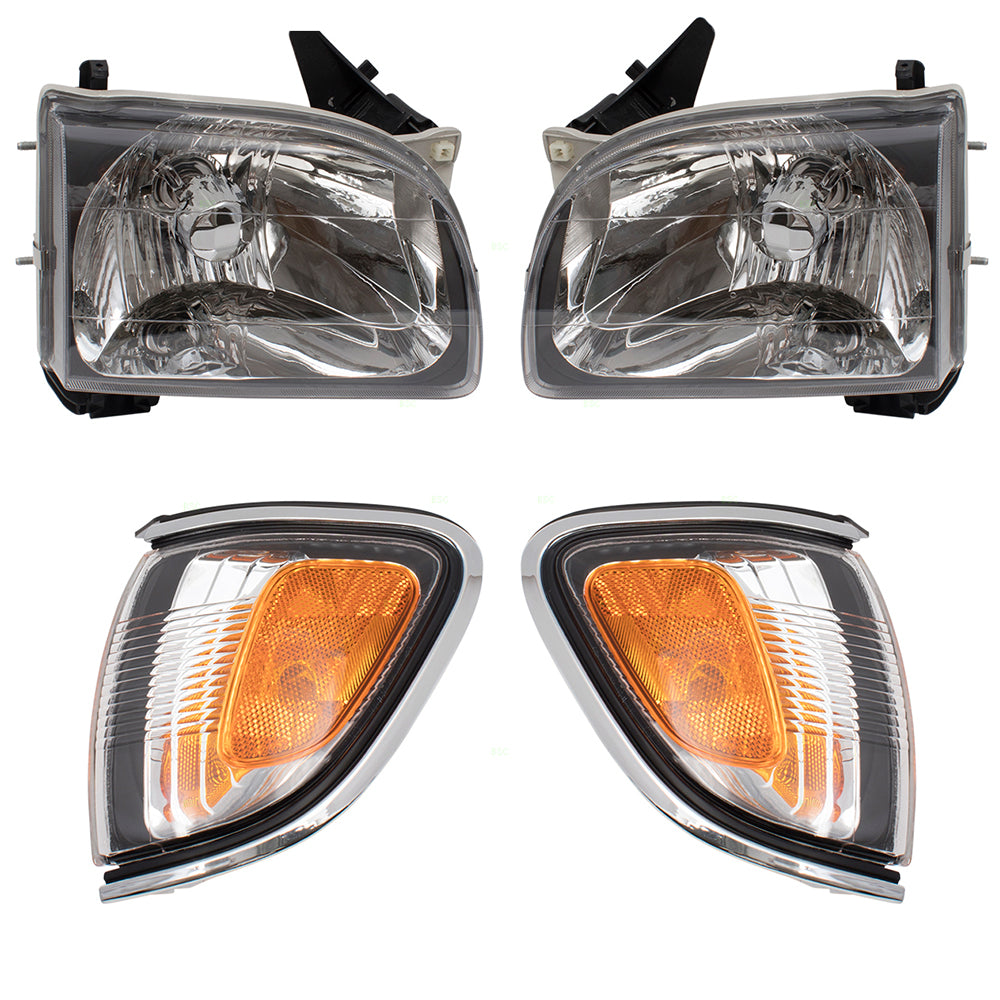 Brock Replacement 4 Piece Set Halogen Headlights w/ Park Signal Corner Marker Lamps w/ Chrome Bezels Compatible with 01-04 Tacoma Pickup Truck