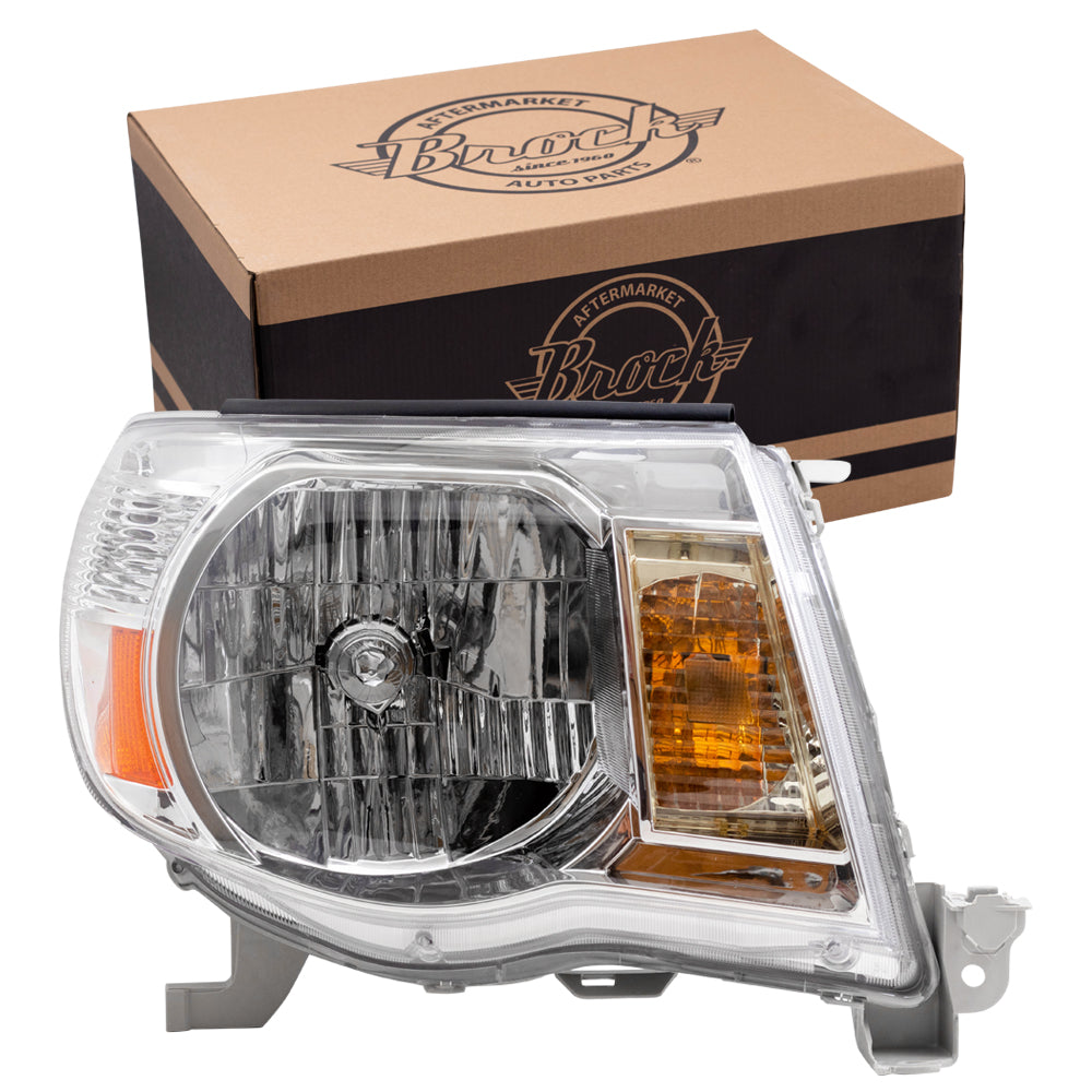 Brock Replacement Passengers Headlight Headlamp with Bright Chrome Bezel Compatible with 2005-2011 Tacoma 8111004163