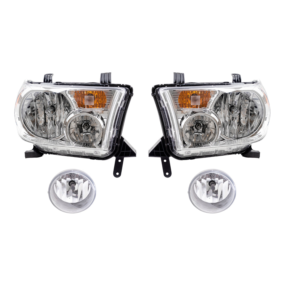 Brock Replacement Driver and Passenger Side Headlights without Level Adjuster and Fog Lights 4 Piece Set Compatible with 2007-2013 Toyota Tundra