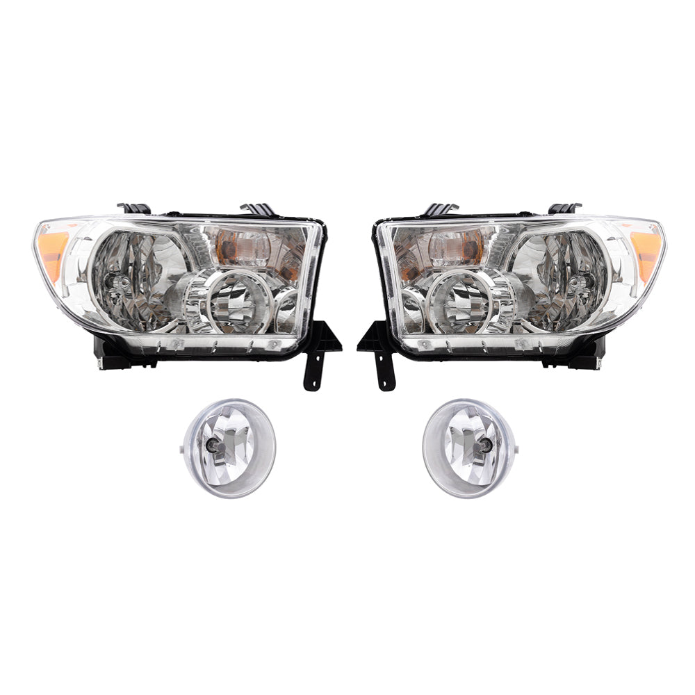 Brock Replacement Driver and Passenger Side Headlights without Level Adjuster and Fog Lights 4 Piece Set Compatible with 2007-2013 Toyota Tundra