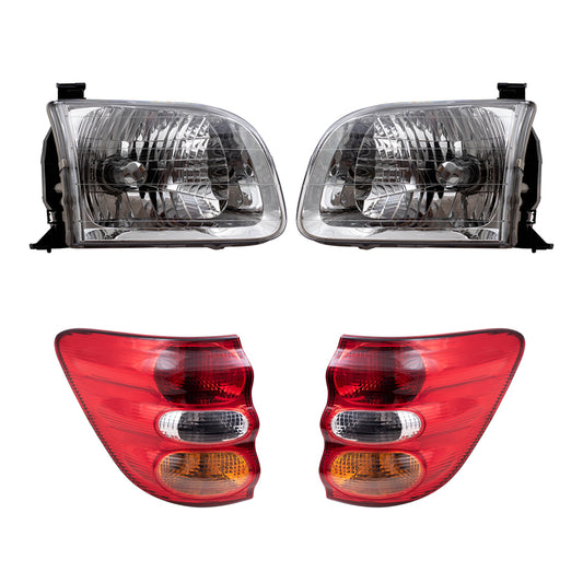 Brock Replacement Driver and Passenger Side Halogen Headlight Assemblies and Tail Light Assemblies 4 Piece Set Compatible with 2001-2004 Sequoia