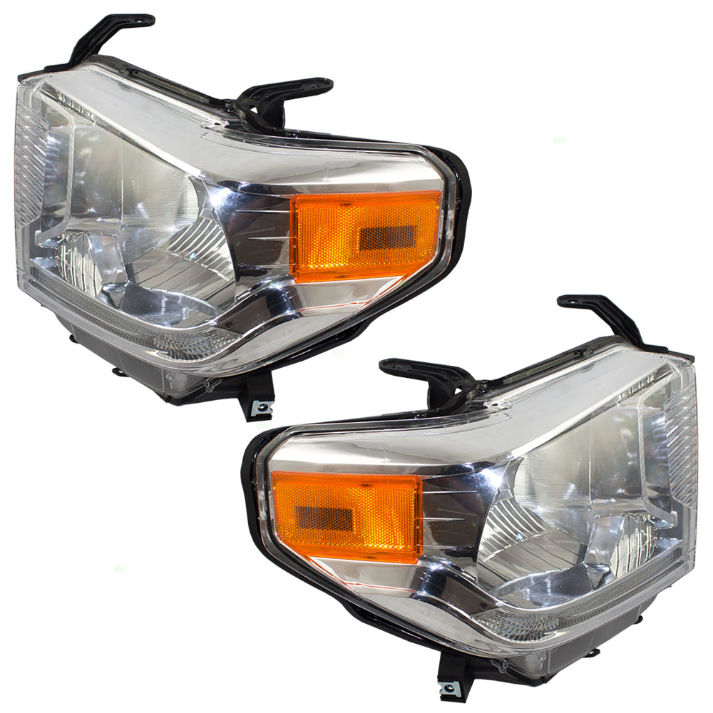 Brock Replacement for Pair Set Halogen Combination Headlights Headlamp w/ Chrome Bezel Compatible with 14-17 Tundra w/ Power Leveling & LED DRL 811500C101 811100C101