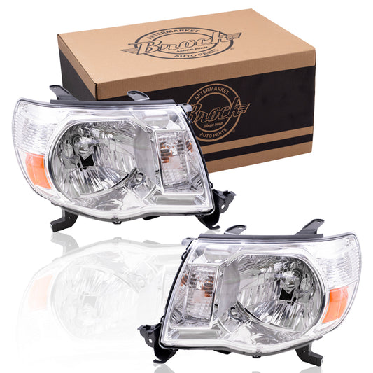 Brock Replacement Driver and Passenger Side Halogen Combination Headlight Assemblies with Bright Chrome Bezel Compatible with 2005-2011 Toyota Tacoma